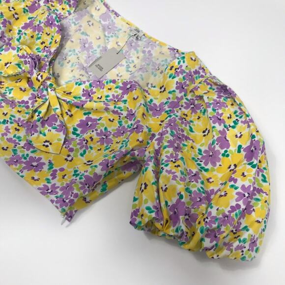 River Island floral Puffed Sleeve tie front crop top Yellow and Purple size 14 - Picture 6 of 14